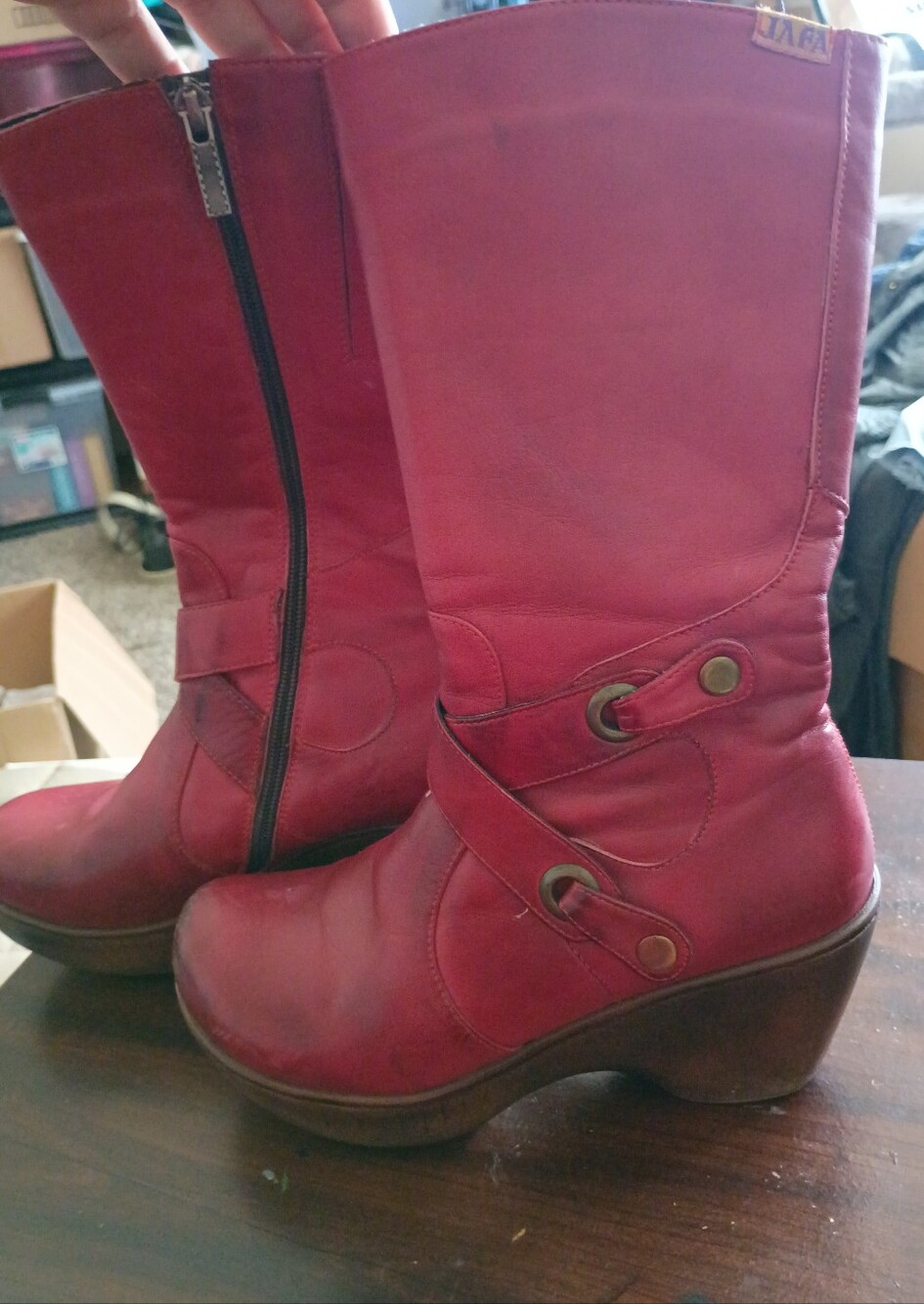 JAFA Red Leather Mid-Calf Heeled Boots with Side Zip